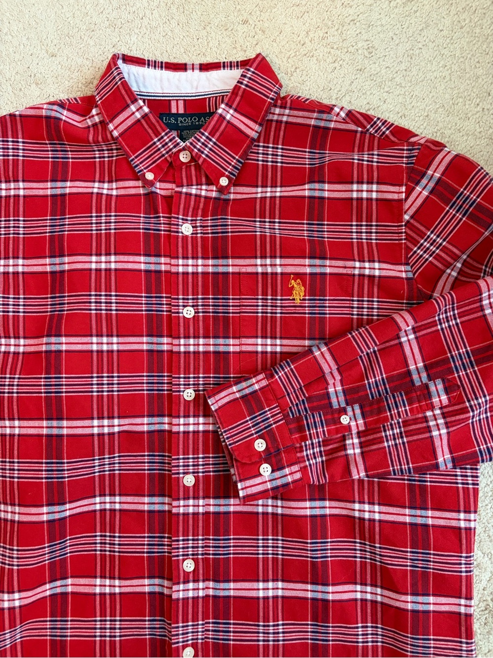 US Polo Assn Men's Red Plaid Button Down Long Sleeve Collared Shirt Size L EUC